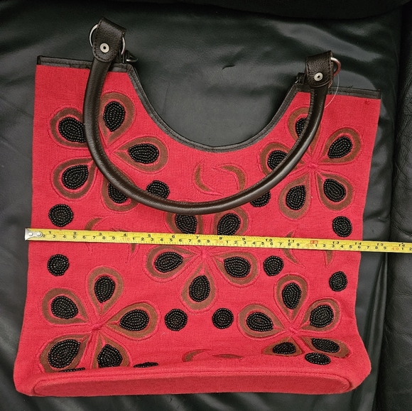 Vintage Handmade Beaded Floral Embroidered Red Tote Bag - Picture 9 of 11